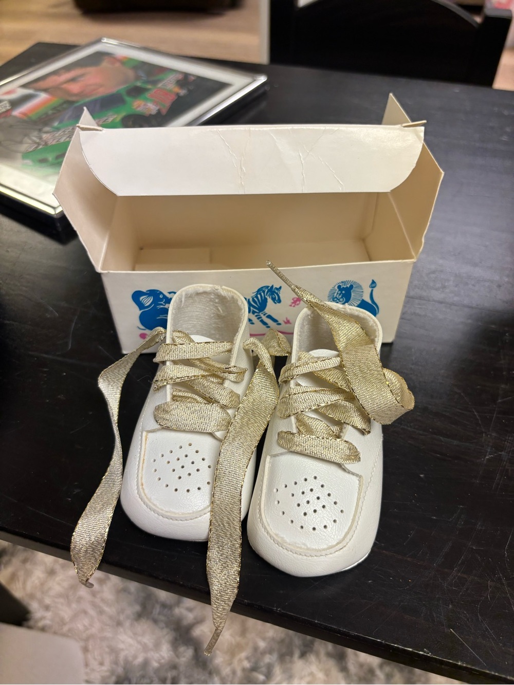 Vintage Baby White Sneakers with Gold Ribbon Laces